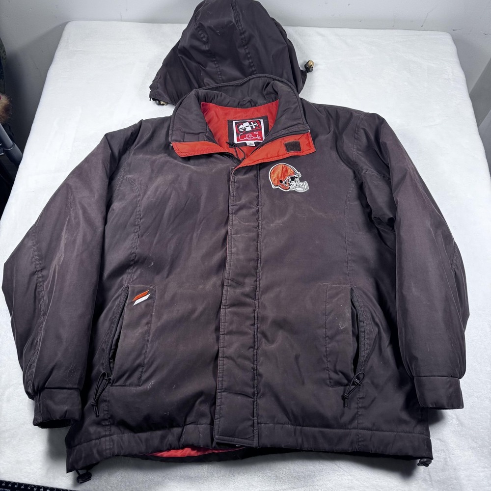 Vintage Cleveland Browns Jacket Mens Medium Brown NFL Football Hooded Parka 90s